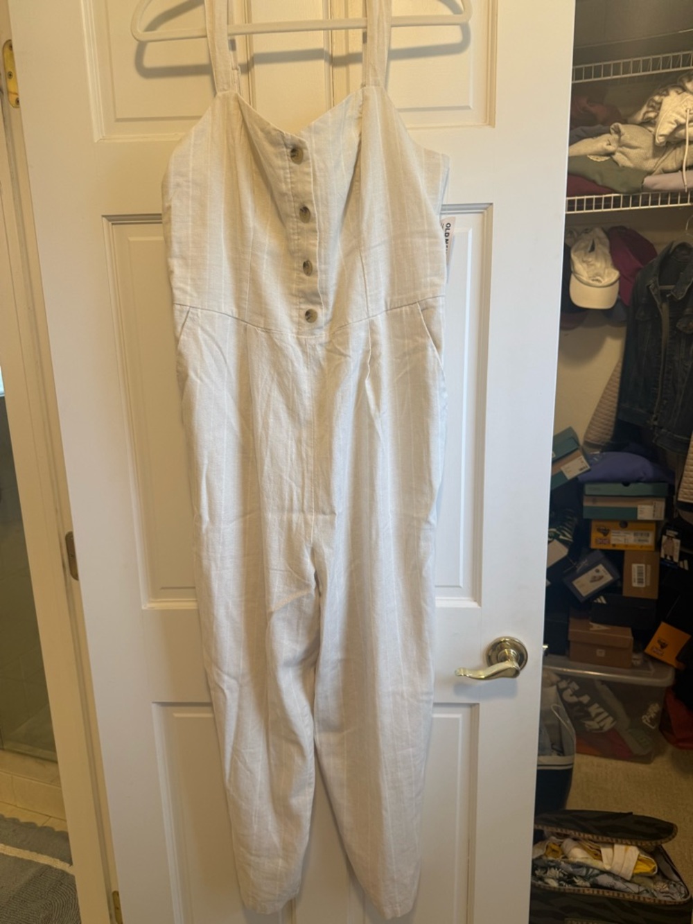 Old Navy Cream Button-Front Linen-Blend Jumpsuit